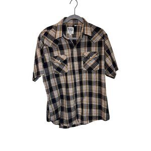 Ely Cattleman Mens Western Plaid Short Sleeve Shirt Size L Beige & Black Snap Bu